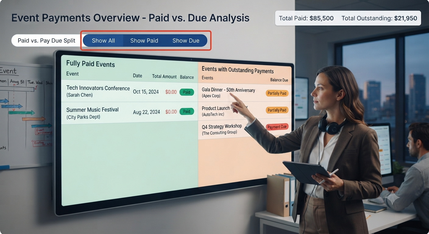 Payment dashboard showing paid and pending payment statuses
